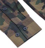 Hoonigan H Icon Camo Woven Flannel Long Sleeve Shirt featuring a green and black camouflage pattern.