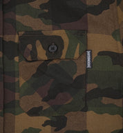 Hoonigan H Icon Camo Woven Flannel Long Sleeve Shirt in green camo pattern, featuring a button-down front and chest pocket.