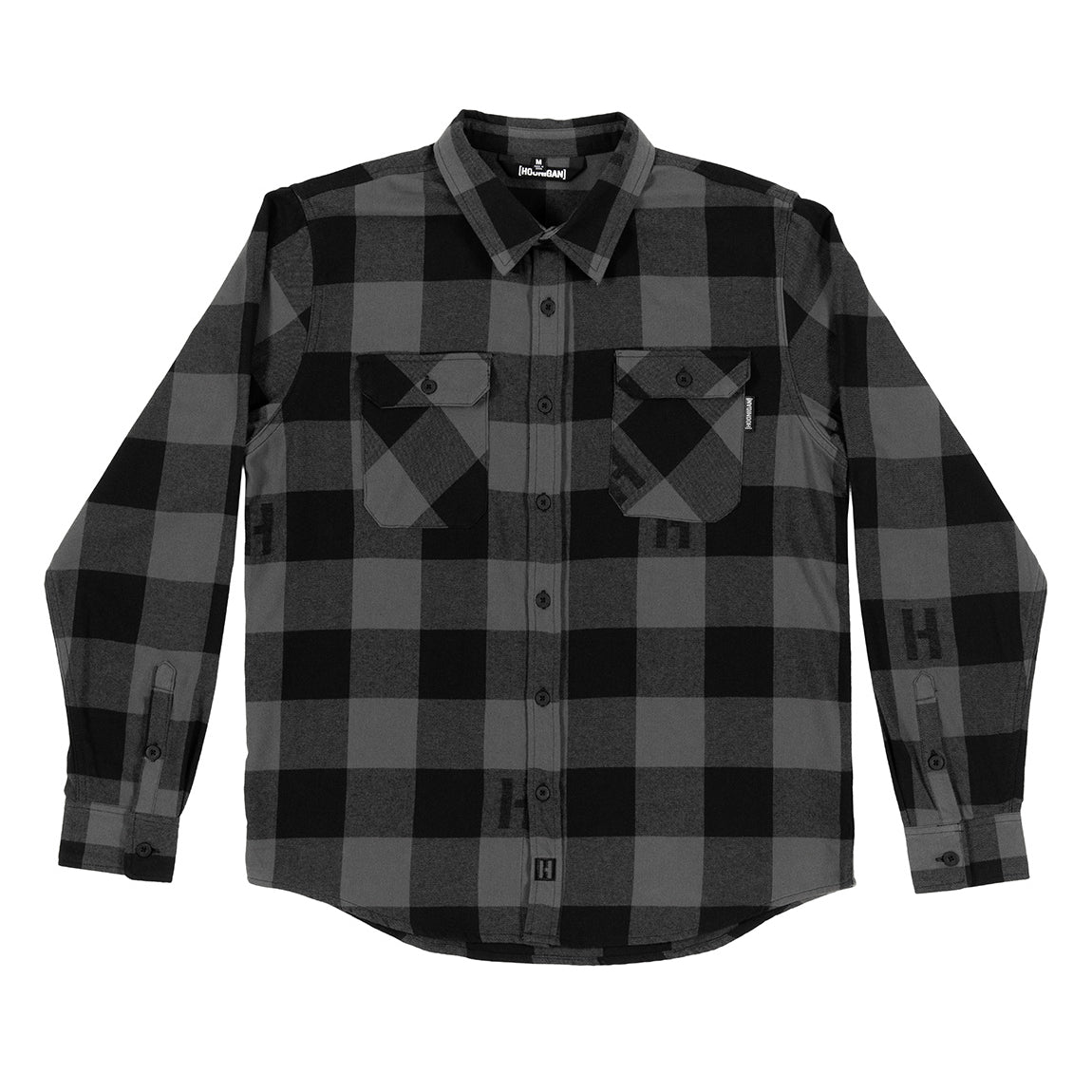 Hoonigan H Icon Woven Flannel Long Sleeve Shirt in black and gray checkered pattern, featuring a button-up front and two chest pockets.