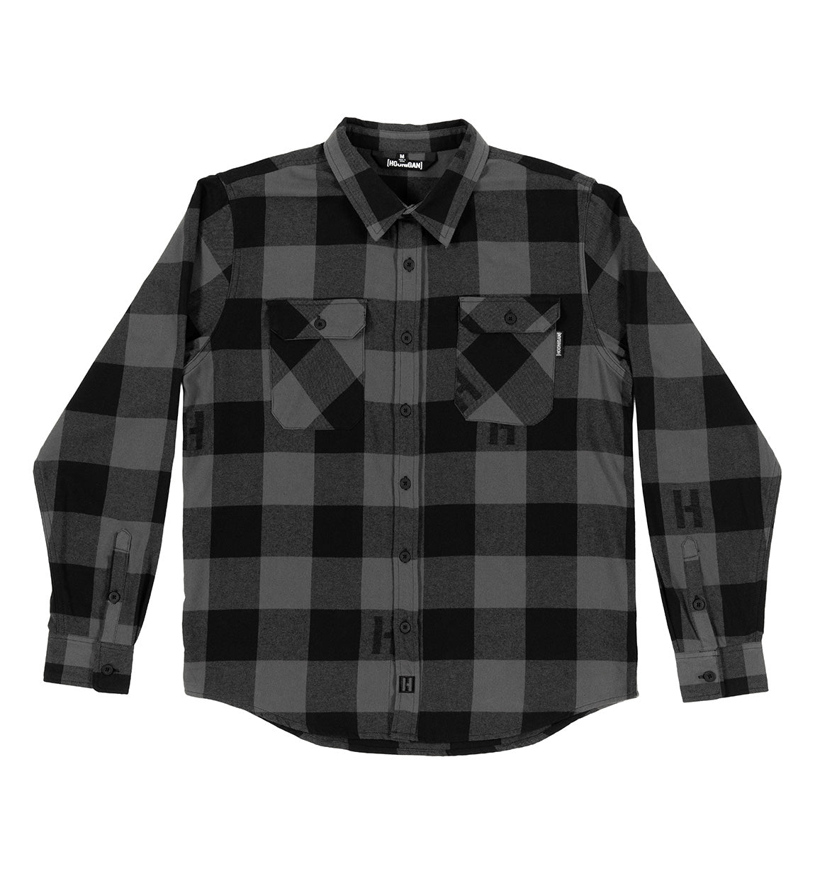Hoonigan H Icon Woven Flannel Long Sleeve Shirt in black and gray checkered pattern, featuring a button-up front and two chest pockets.
