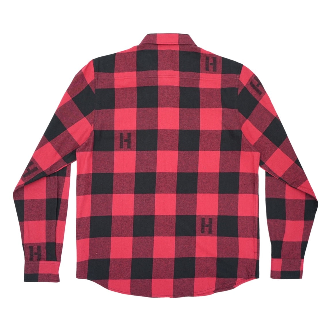 Hoonigan H Icon Woven Flannel Long Sleeve Shirt in black and red plaid, featuring a button-down front and chest pocket.