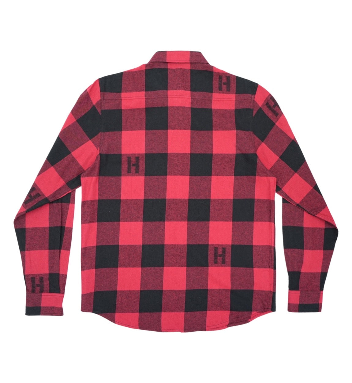 Hoonigan H Icon Woven Flannel Long Sleeve Shirt in black and red plaid, featuring a button-down front and chest pocket.