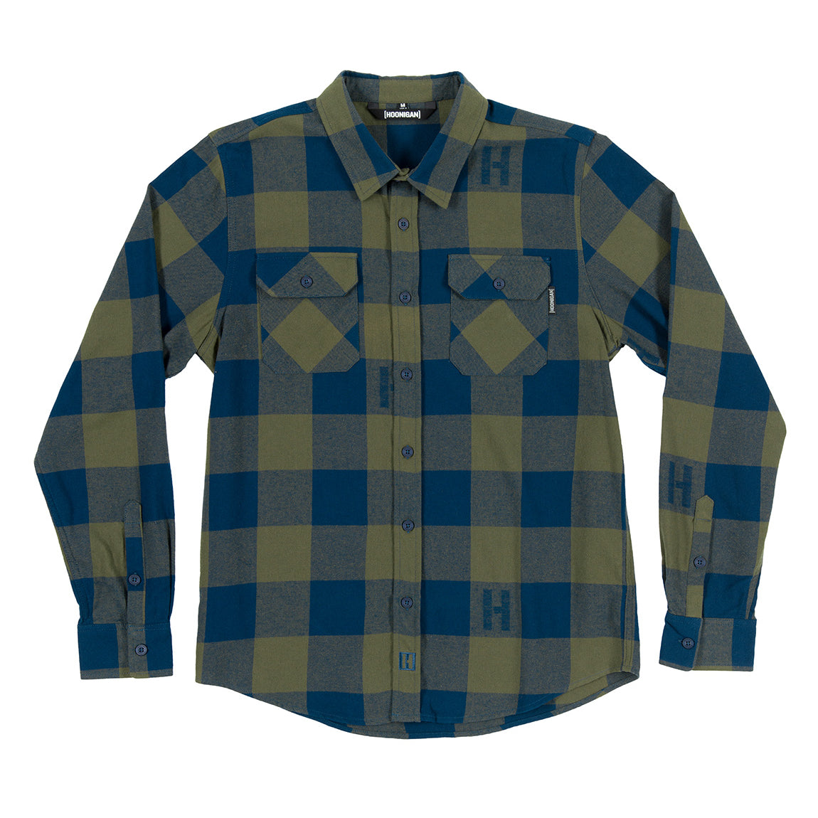Hoonigan H Icon Woven Flannel Long Sleeve Shirt in navy, featuring a checkered pattern and button-up front.