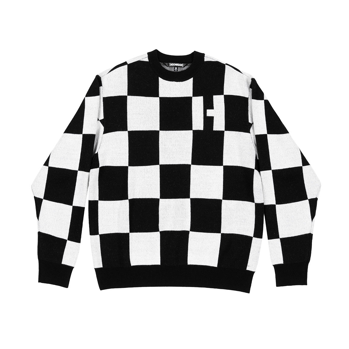 Hoonigan FINAL LAP Jacquard Sweater in black with vibrant graphic design, featuring a stylish crewneck and knit fabric.