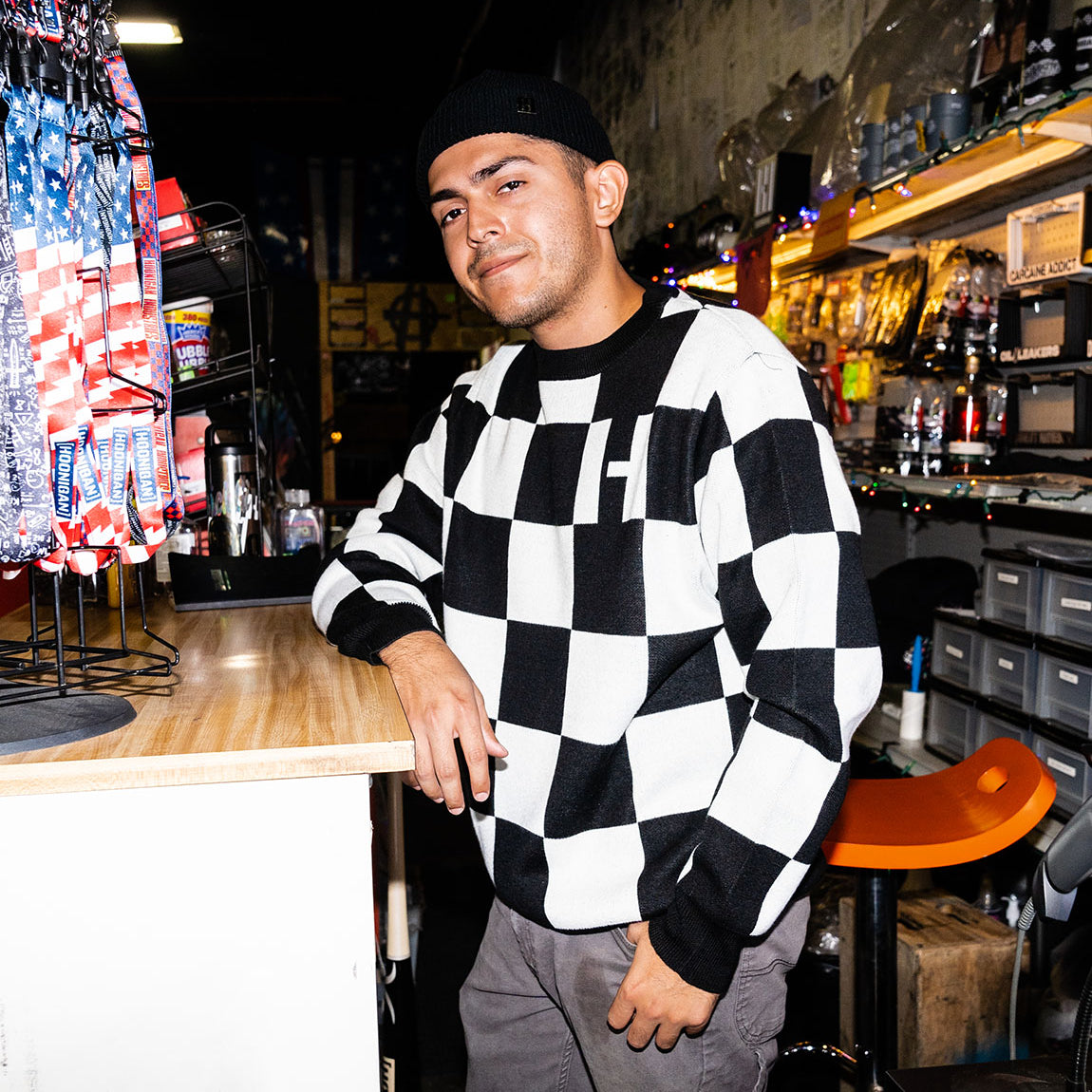 Hoonigan FINAL LAP Jacquard Sweater in black and tan with a bold geometric pattern.