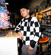 Hoonigan FINAL LAP Jacquard Sweater in black and tan with a bold geometric pattern.