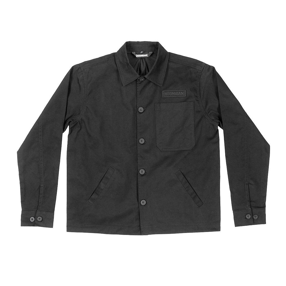 Hoonigan CHORE Jacket in black, showcasing a durable, relaxed-fit design with a button-up front and chest pockets.