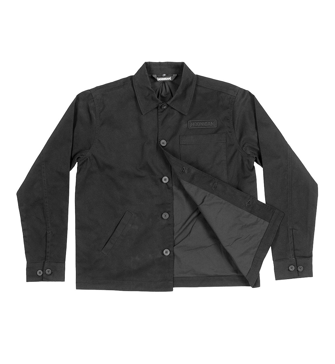 Hoonigan CHORE Jacket in black with logo detailing on the chest and a functional pocket.