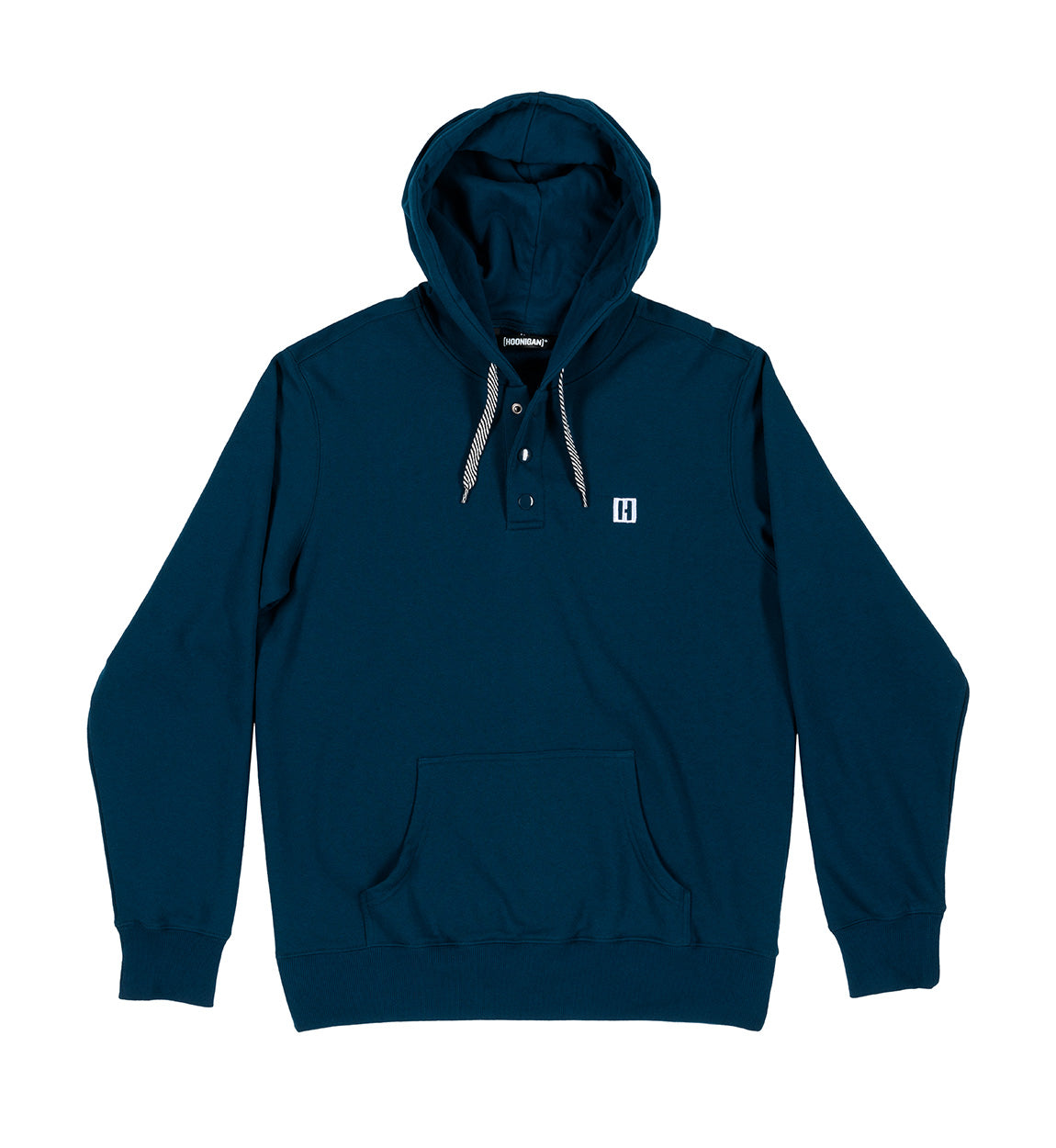 Hoonigan HILL CLIMB Henley Fleece Hoodie in navy blue, featuring a button placket and long sleeves.