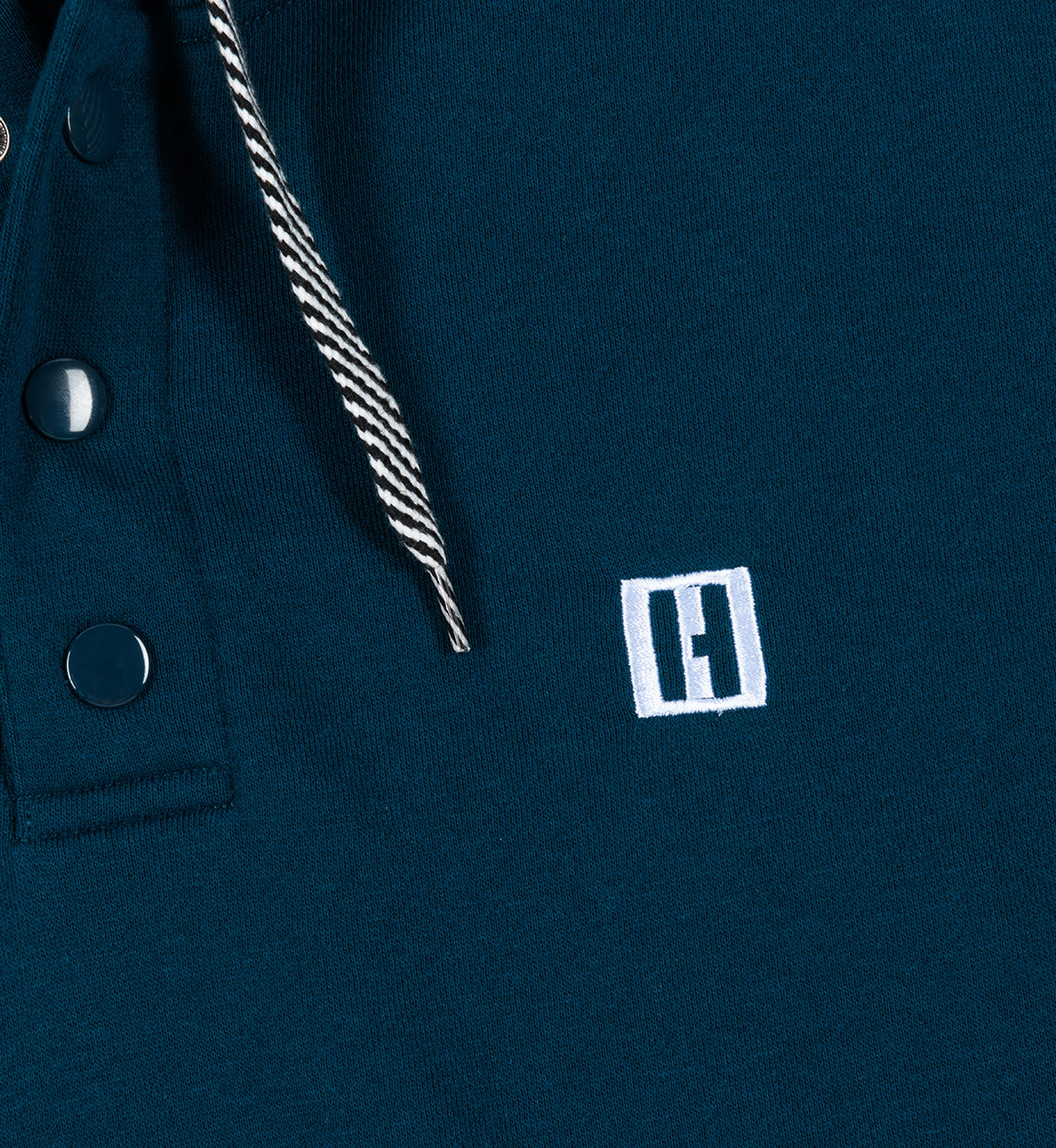Hoonigan HILL CLIMB Henley Fleece Hoodie in navy blue, featuring a button-up collar and a front pocket.