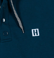 Hoonigan HILL CLIMB Henley Fleece Hoodie in navy blue, featuring a button-up collar and a front pocket.