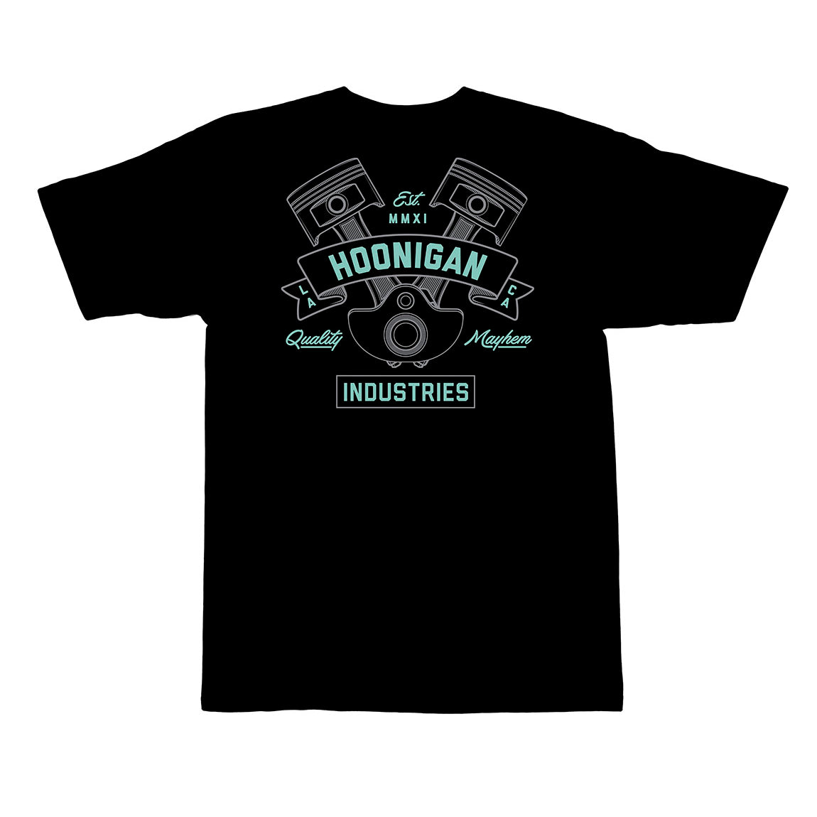 Hoonigan CRANKED Short Sleeve Tee in black with a bold graphic design on the front, featuring the Hoonigan logo and a car silhouette.