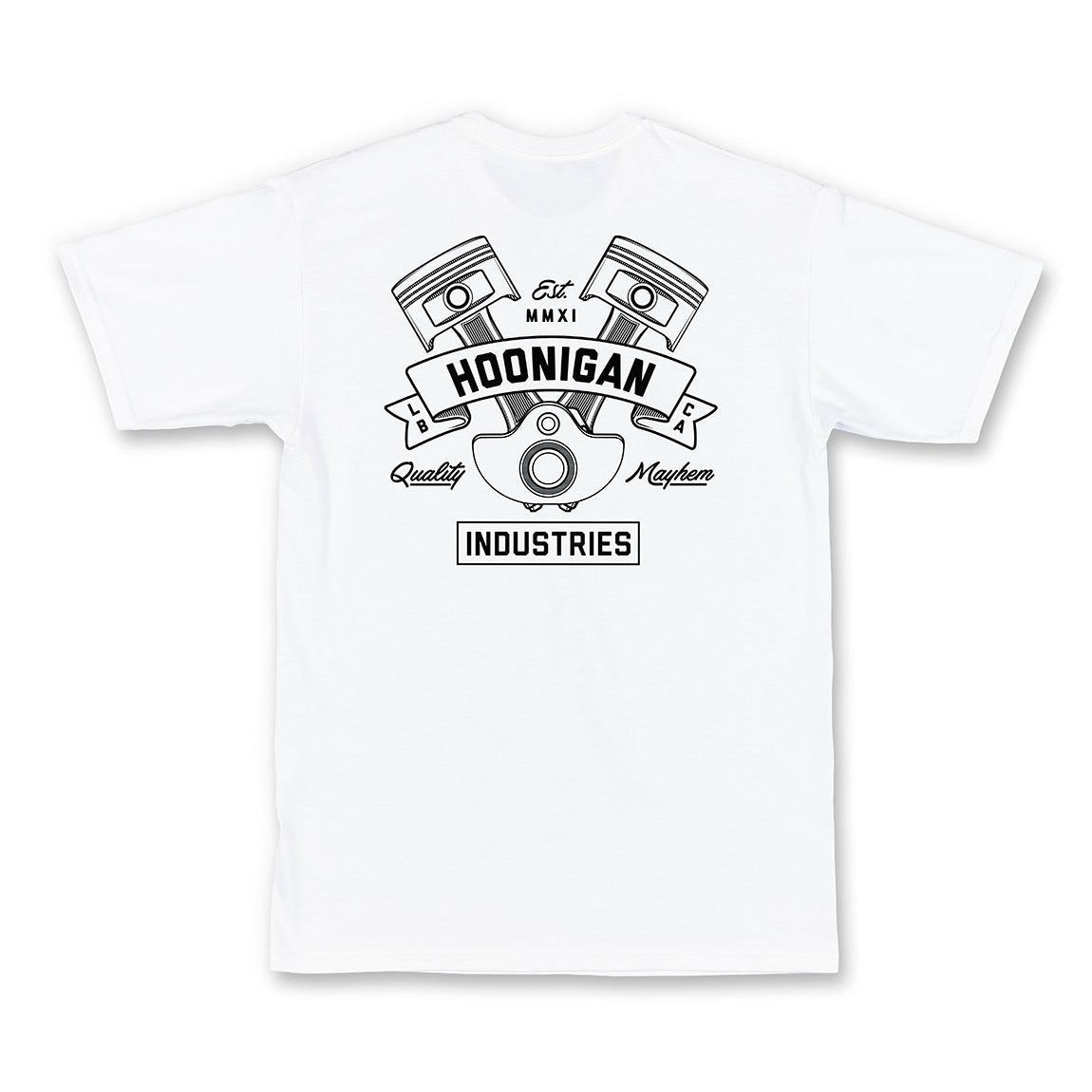 Hoonigan CRANKED Short Sleeve Tee in white, featuring a bold graphic logo on the front.