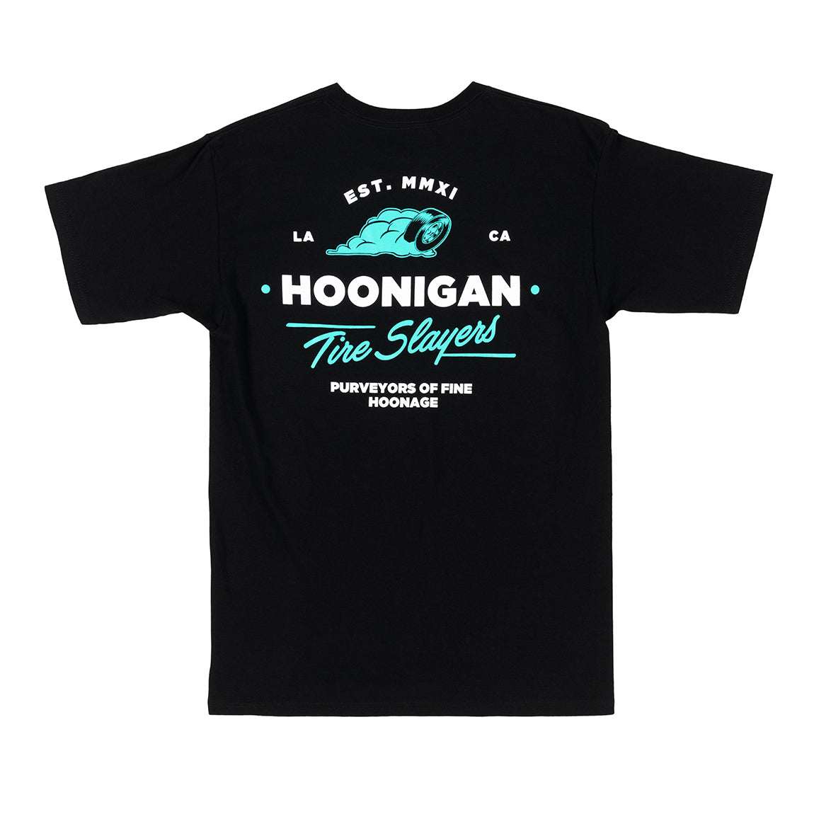 Hoonigan CHEATER SLICKS Short Sleeve Tee in black featuring a bold graphic design on the front, perfect for automotive enthusiasts.