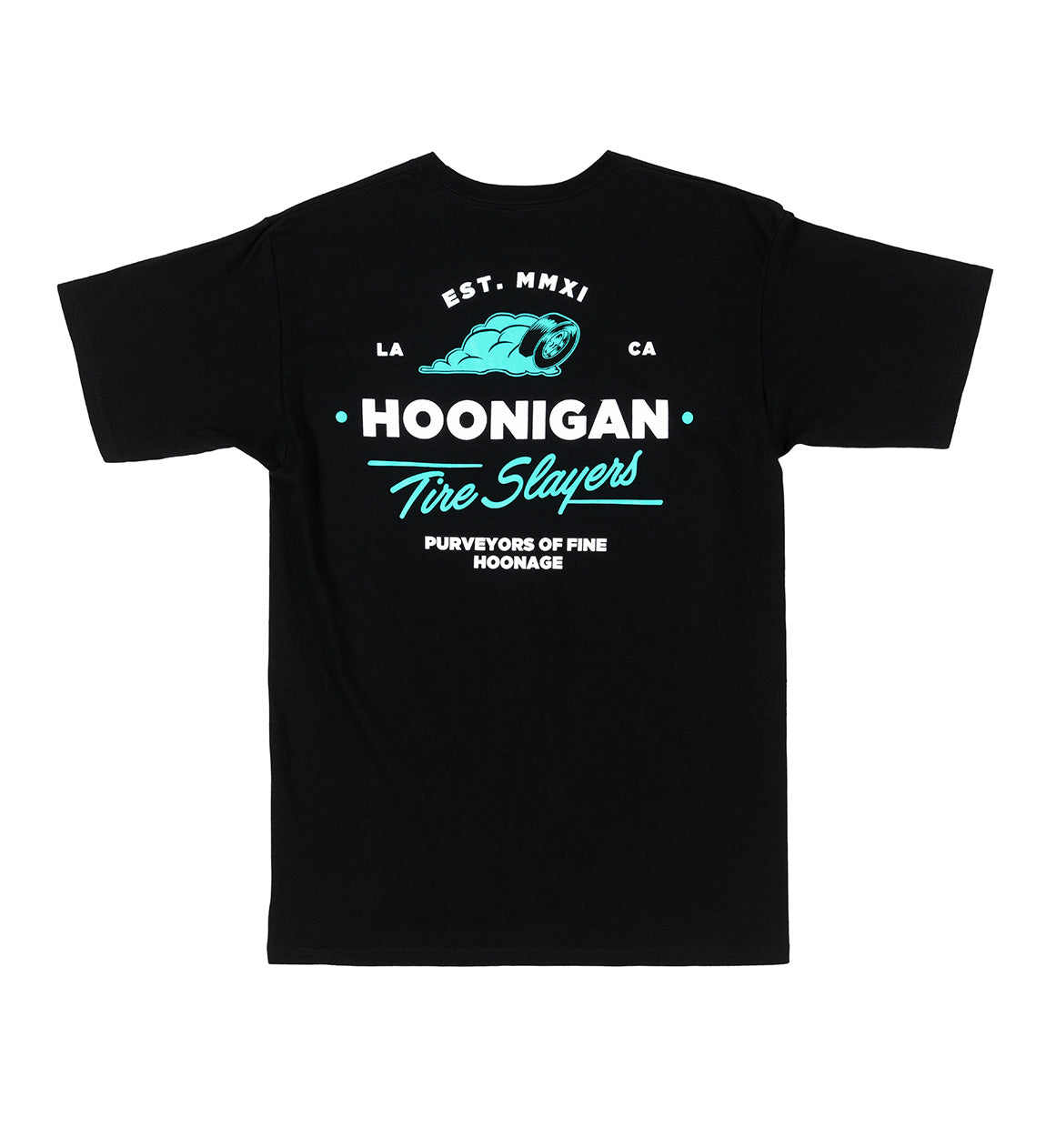 Hoonigan CHEATER SLICKS Short Sleeve Tee in black featuring a bold graphic design on the front, perfect for automotive enthusiasts.