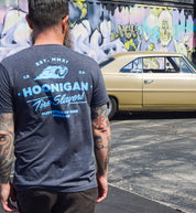 Hoonigan CHEATER SLICKS Short Sleeve Tee in charcoal gray featuring a bold graphic design on the front.