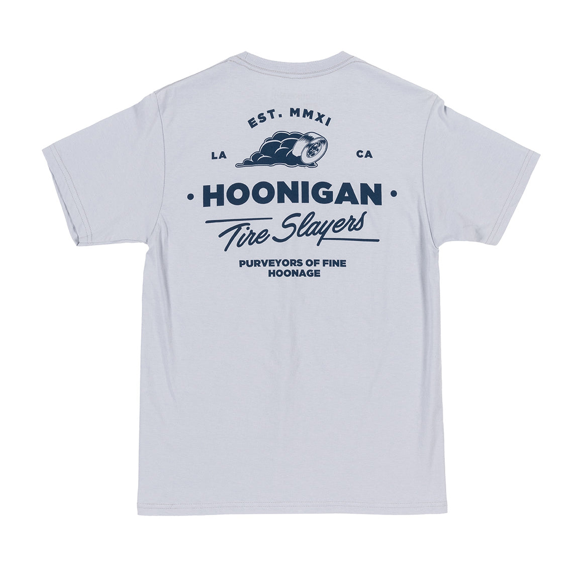 Hoonigan CHEATER SLICKS Short Sleeve Tee featuring a graphic design with a racing-themed print on a light blue background.