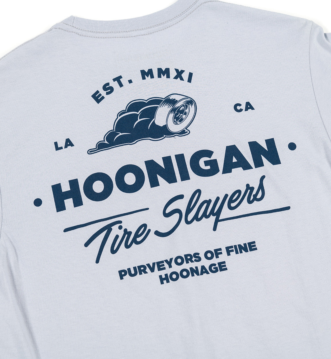 Hoonigan CHEATER SLICKS Short Sleeve Tee in light blue with graphic print on front.