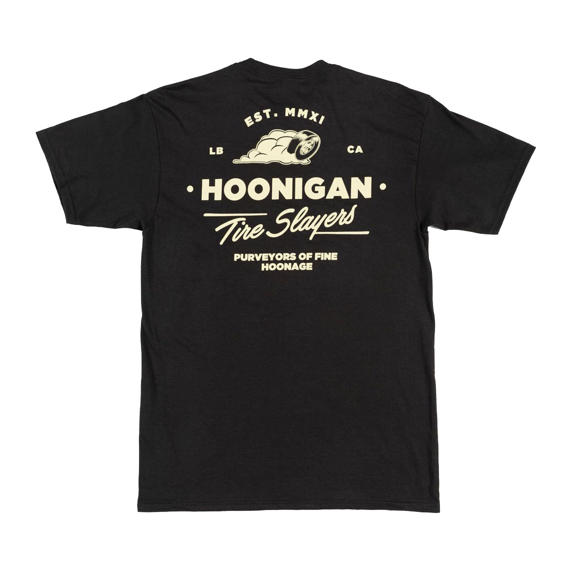 Hoonigan CHEATER SLICKS Short Sleeve Tee in black with bold graphic print on front.