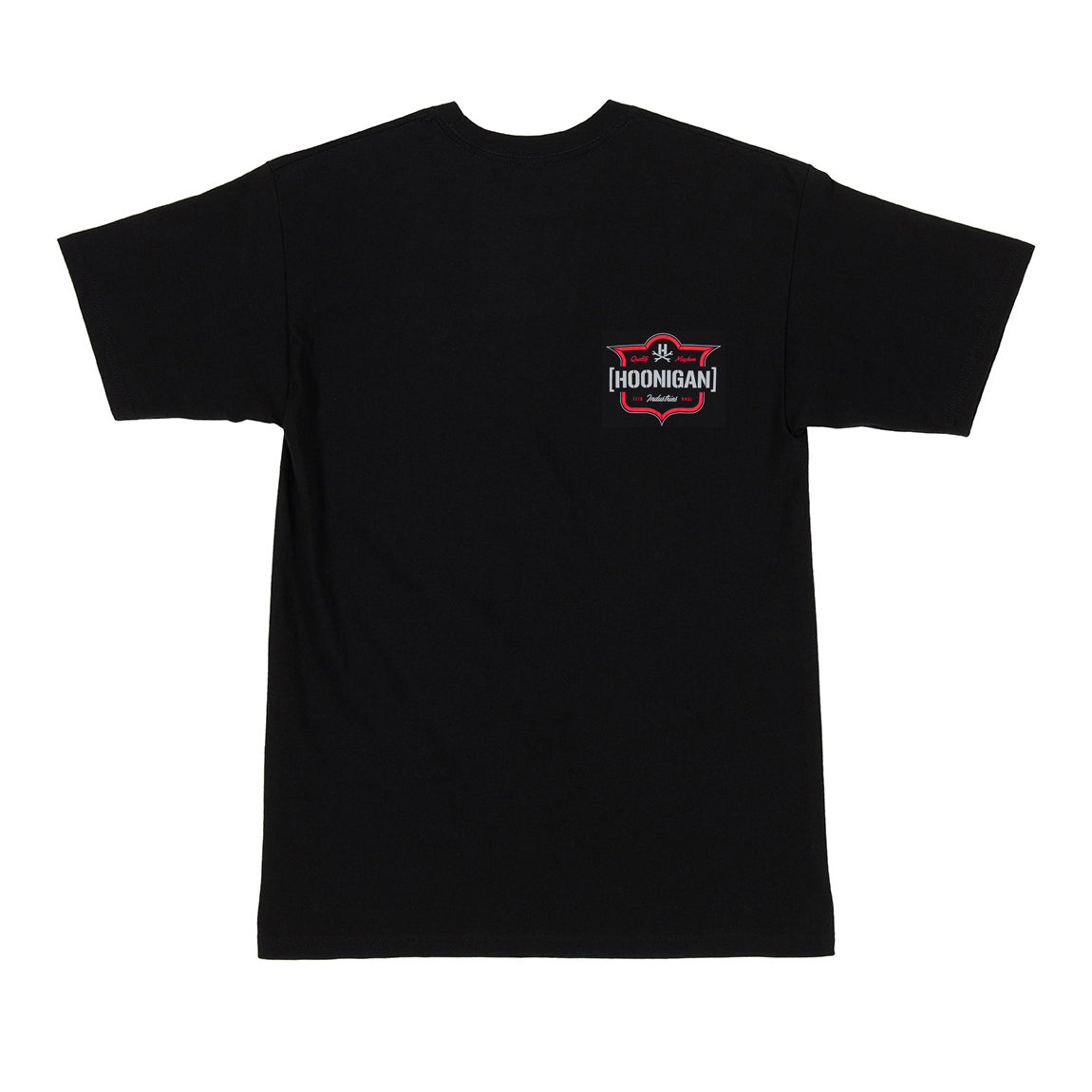 Black Hoonigan EMBLEM Short Sleeve Tee featuring bold white logo graphic on the front.