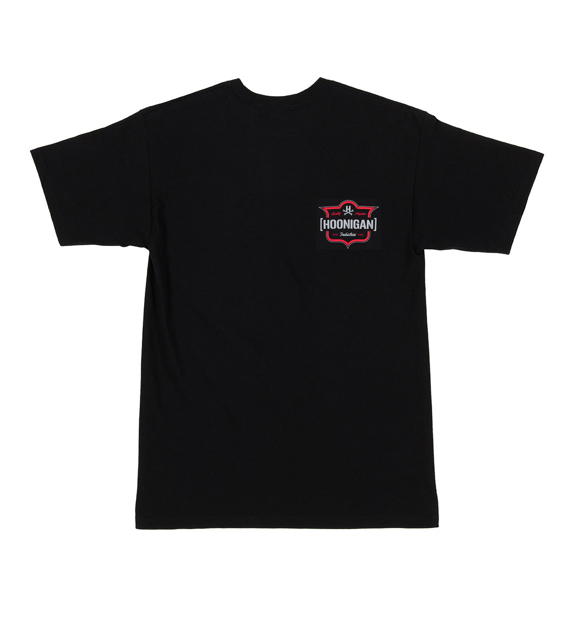 Black Hoonigan EMBLEM Short Sleeve Tee featuring bold white logo graphic on the front.
