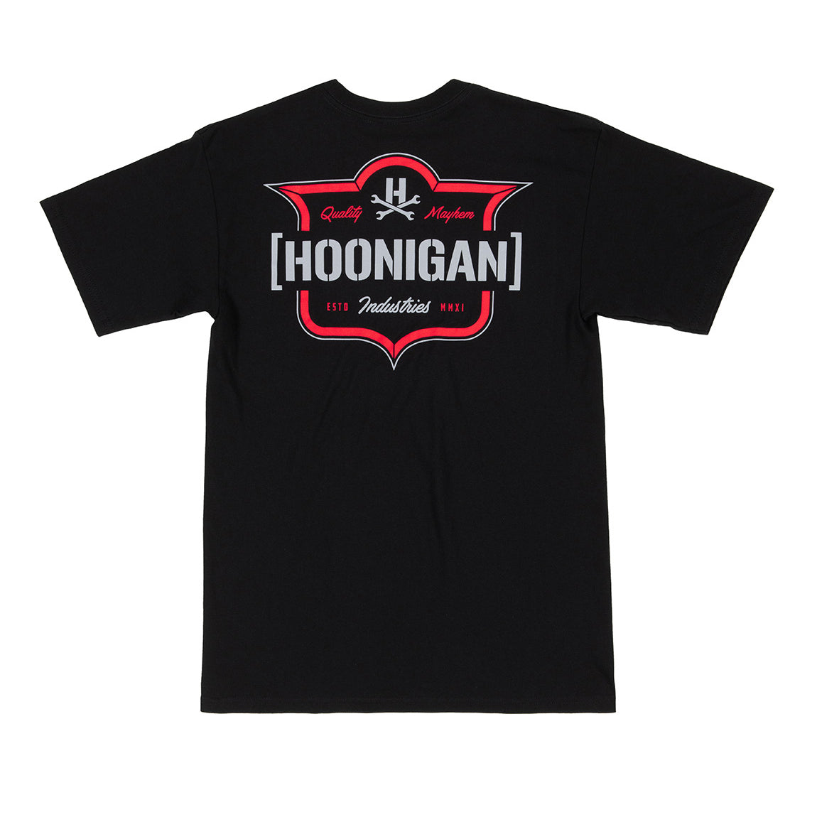 Black short sleeve tee featuring the Hoonigan emblem on the front, designed for motorsport enthusiasts.