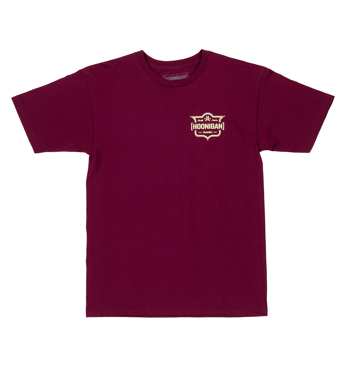 Hoonigan EMBLEM Short Sleeve Tee in burgundy, featuring a bold logo graphic on the front, displayed on a flat lay surface.