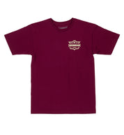Hoonigan EMBLEM Short Sleeve Tee in burgundy, featuring a bold logo graphic on the front, displayed on a flat lay surface.