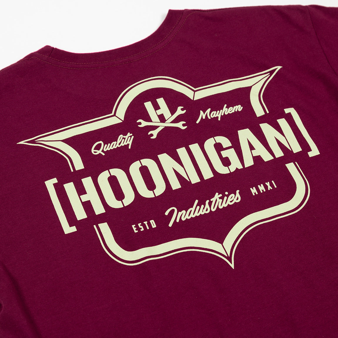 Short sleeve Hoonigan EMBLEM tee in burgundy with front logo print.