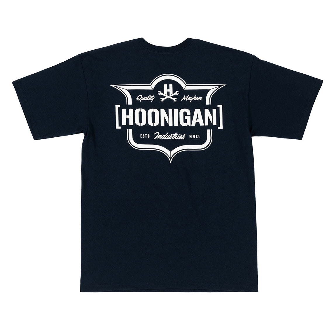 Hoonigan EMBLEM Short Sleeve Tee in navy blue with a bold logo design on the front.