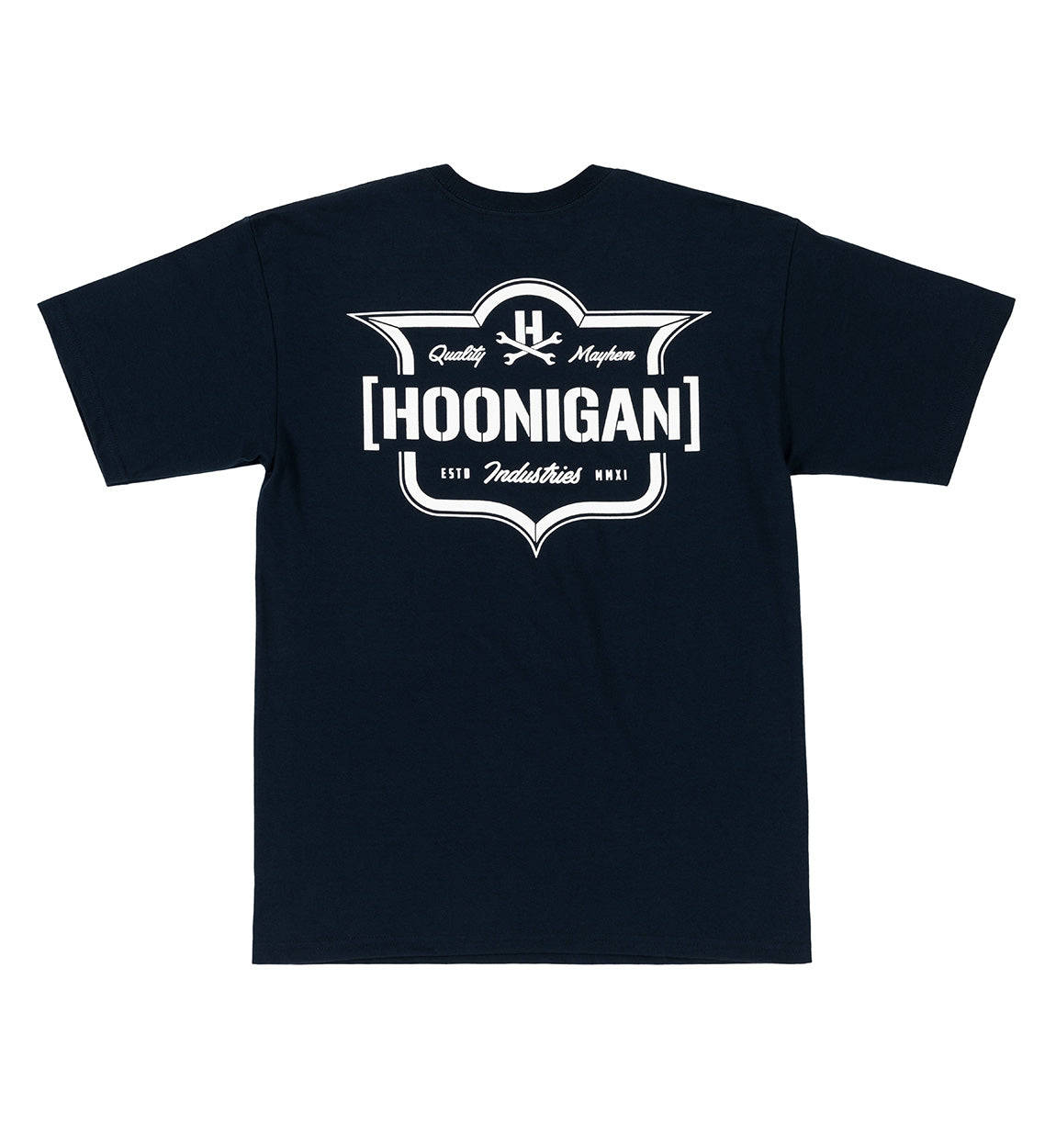 Hoonigan EMBLEM Short Sleeve Tee in navy blue with a bold logo design on the front.