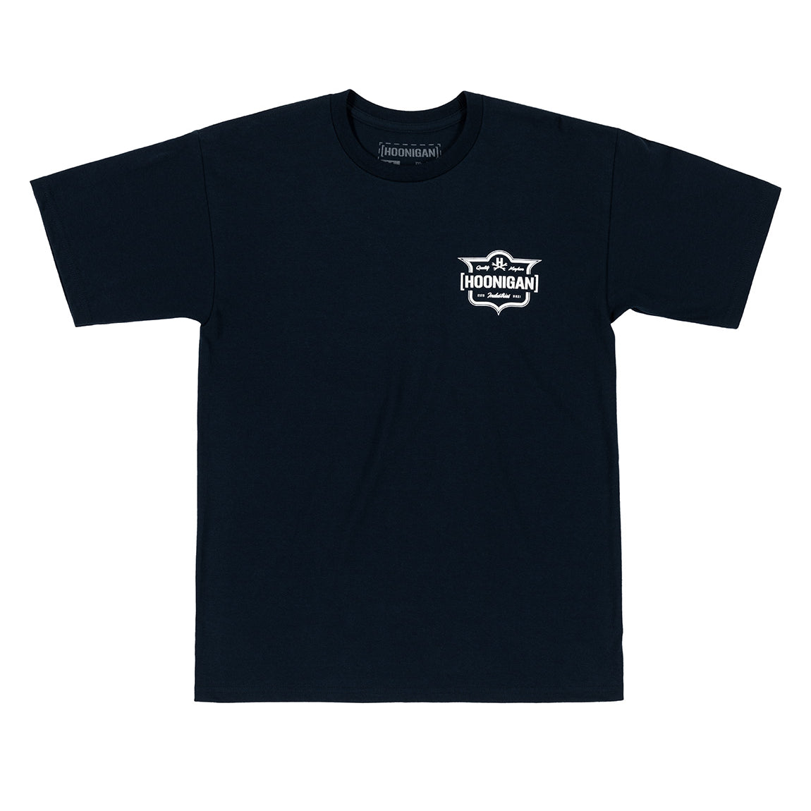 Hoonigan EMBLEM short sleeve tee in navy blue, featuring a bold white logo graphic on the front.
