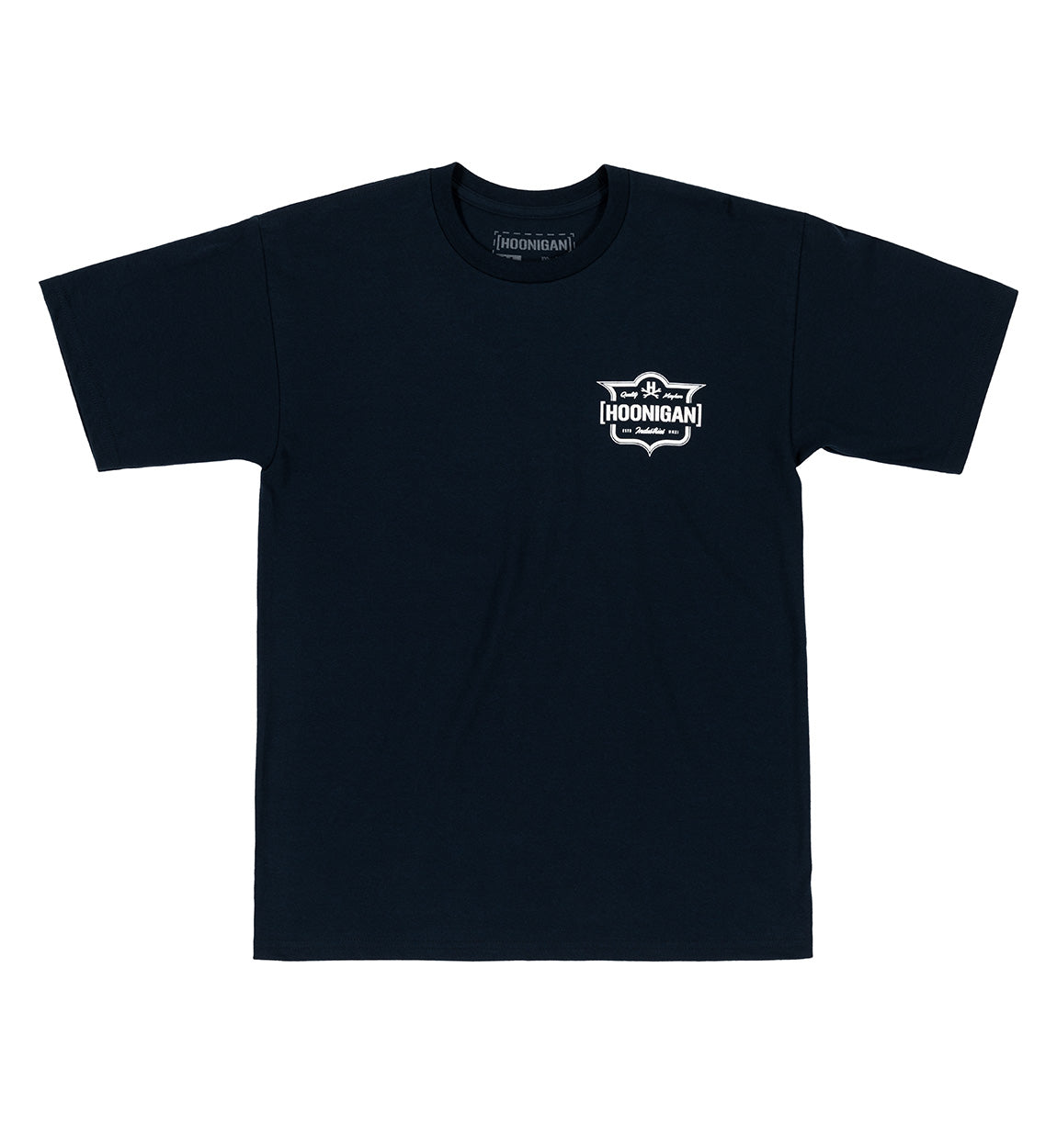Hoonigan EMBLEM short sleeve tee in navy blue, featuring a bold white logo graphic on the front.