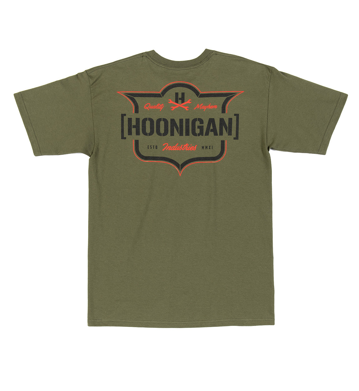 Hoonigan EMBLEM short sleeve tee in military green featuring a bold logo graphic on the front.