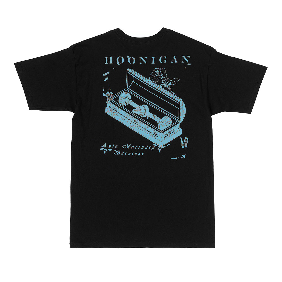 Hoonigan MORTUARY Short Sleeve Tee featuring a black and blue graphic design on a black shirt.