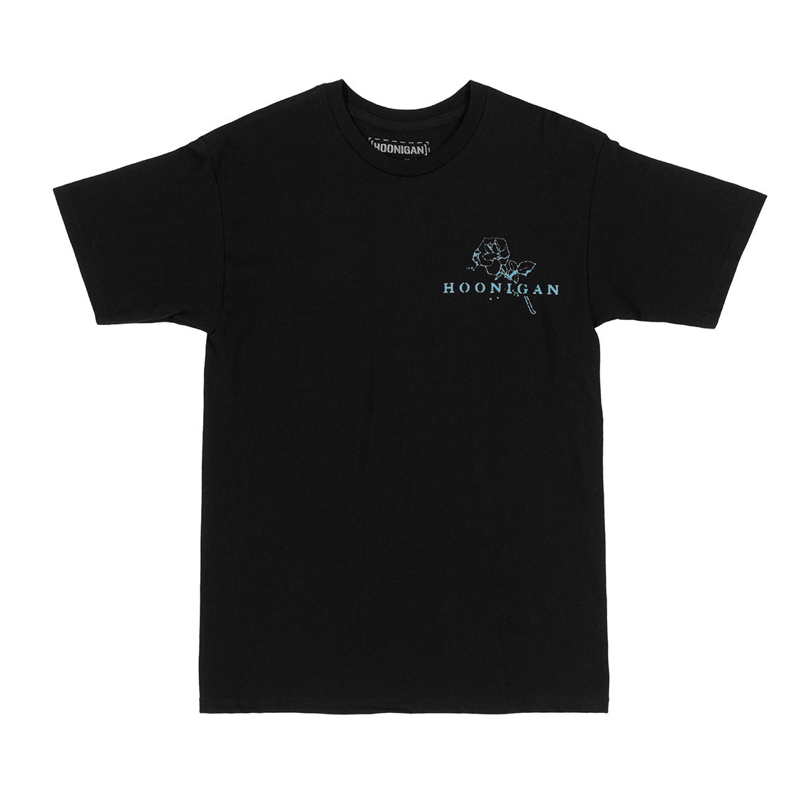 Black and blue Hoonigan MORTUARY short sleeve tee featuring a graphic design on the front.