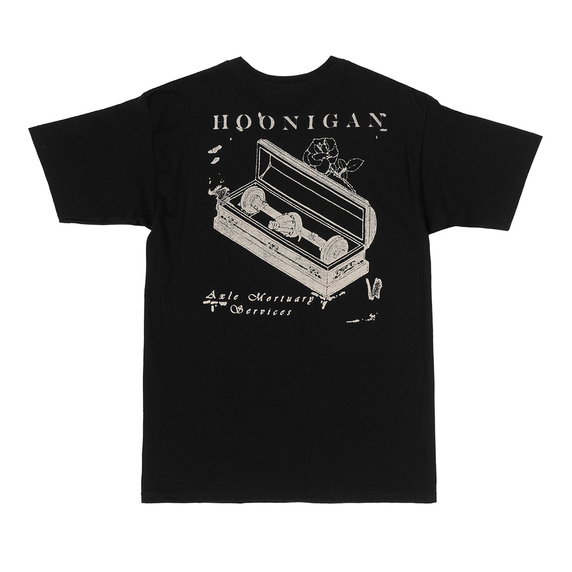Black Hoonigan MORTUARY short sleeve t-shirt with bold graphic design on the front.