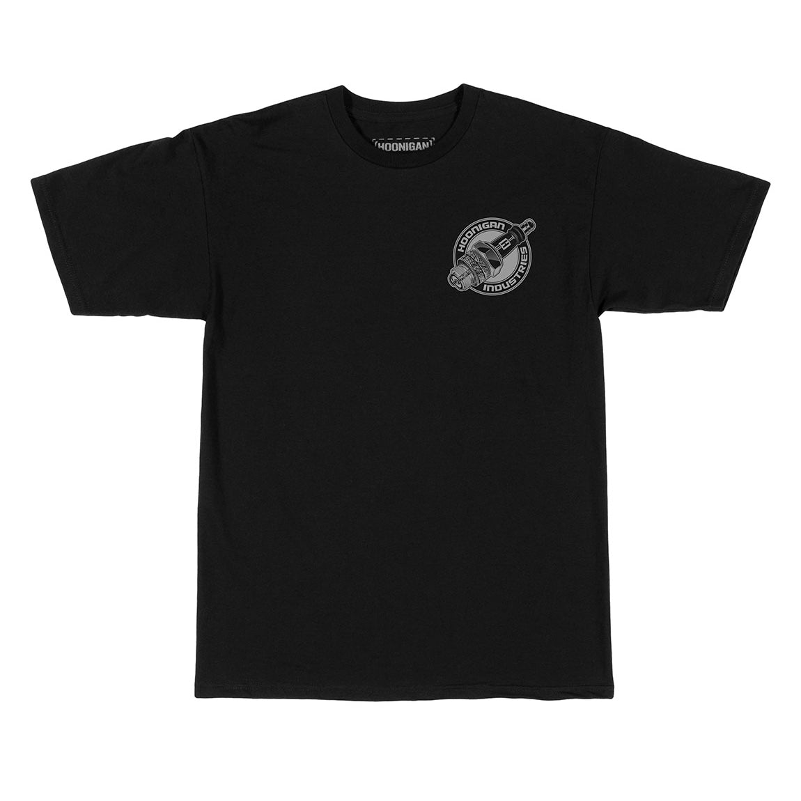 Black Hoonigan MISFIRE short sleeve t-shirt with bold white logo graphic on the front.