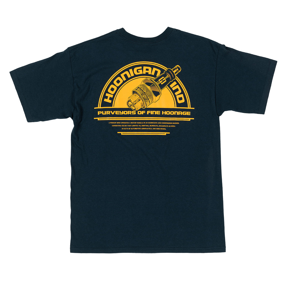 Hoonigan MISFIRE navy short sleeve tee featuring a bold graphic design on the front.