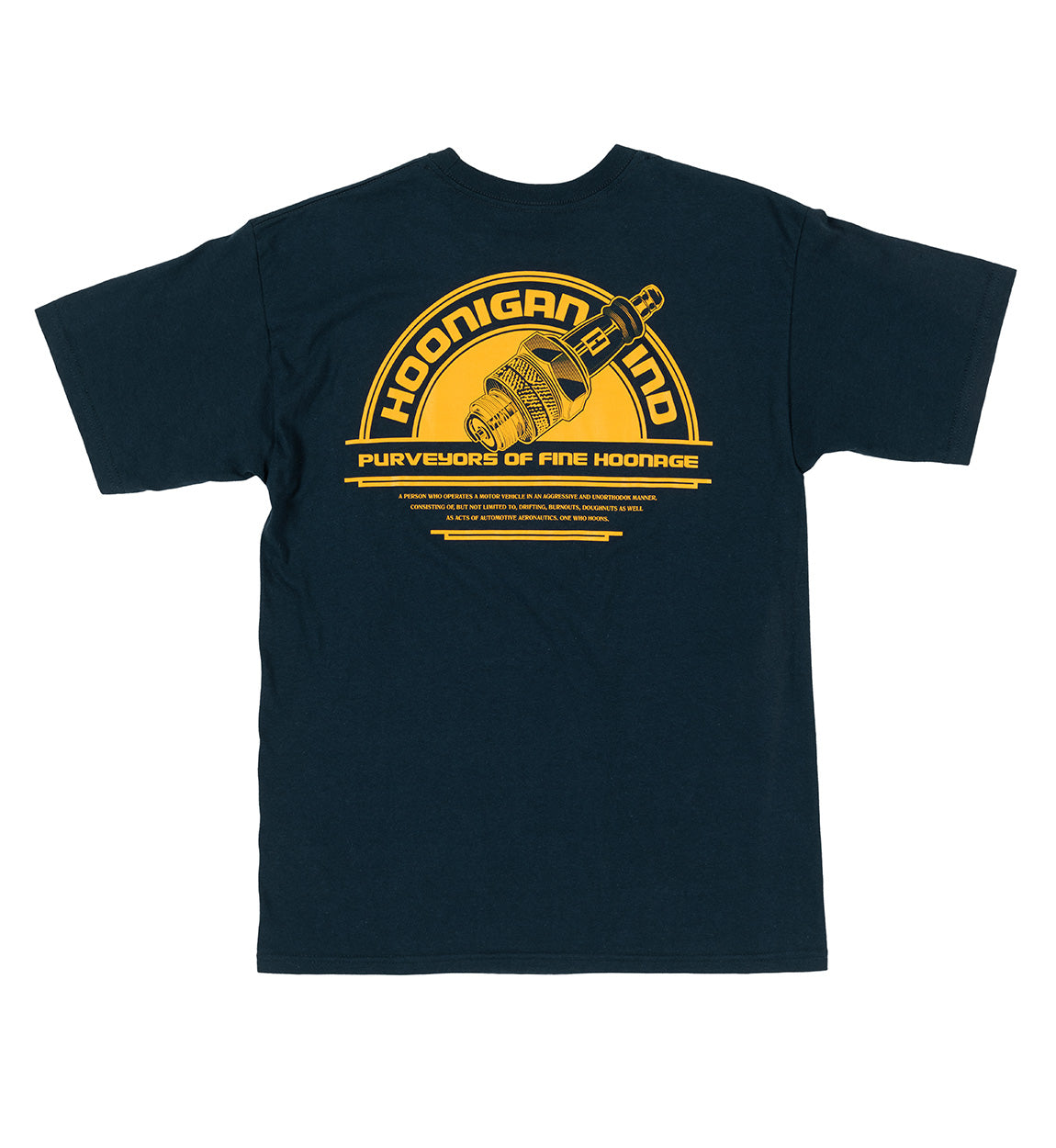 Hoonigan MISFIRE navy short sleeve tee featuring a bold graphic design on the front.