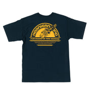 Hoonigan MISFIRE navy short sleeve tee featuring a bold graphic design on the front.