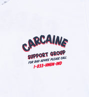 Hoonigan CARCAINE SUPPORT GROUP short sleeve white tee with graphic print and logo.