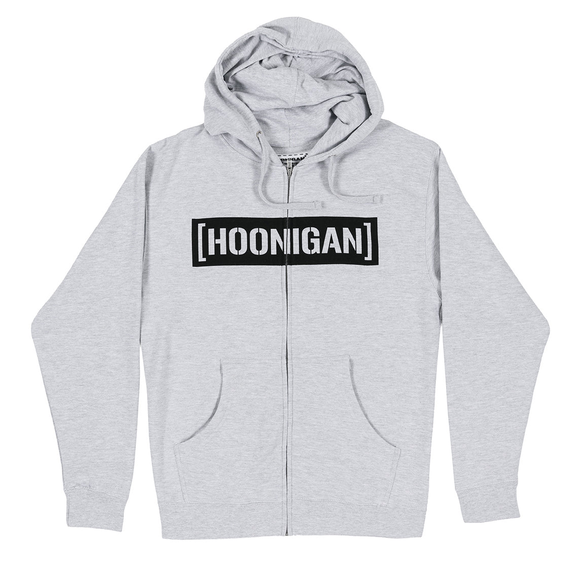 Hoonigan CENSOR BAR Zip Hoodie in gray with black design elements, featuring a front zipper, hood, and kangaroo pockets.