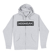 Hoonigan CENSOR BAR Zip Hoodie in gray with black design elements, featuring a front zipper, hood, and kangaroo pockets.