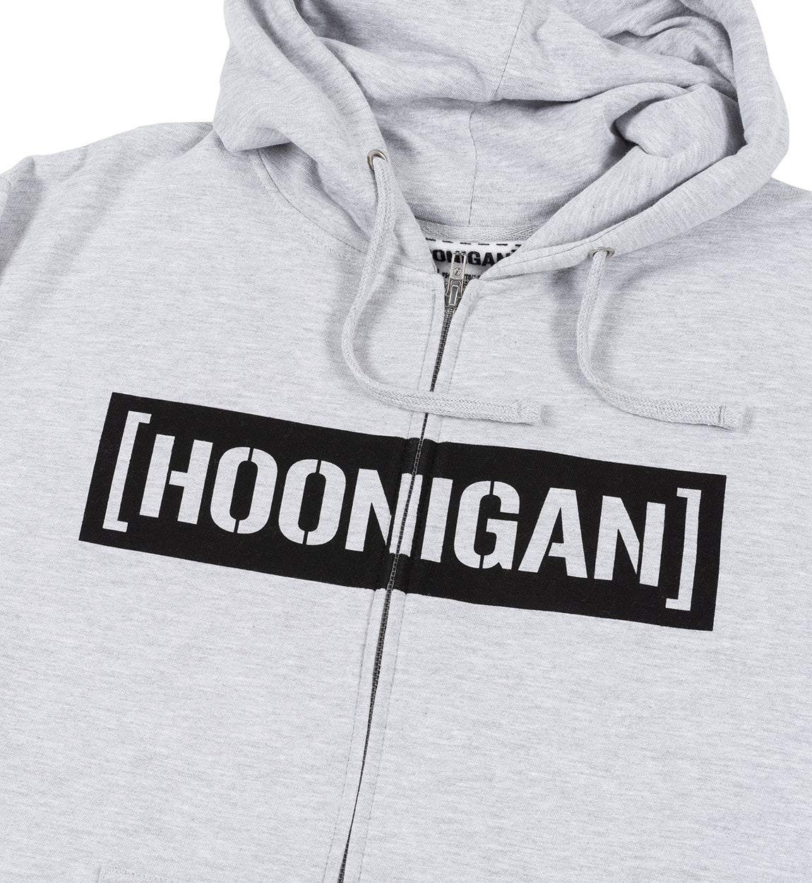 Hoonigan CENSOR BAR Zip Hoodie in gray and black, featuring a bold logo design on the front and a zippered front closure.