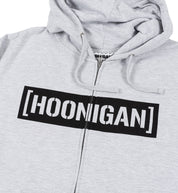Hoonigan CENSOR BAR Zip Hoodie in gray and black, featuring a bold logo design on the front and a zippered front closure.