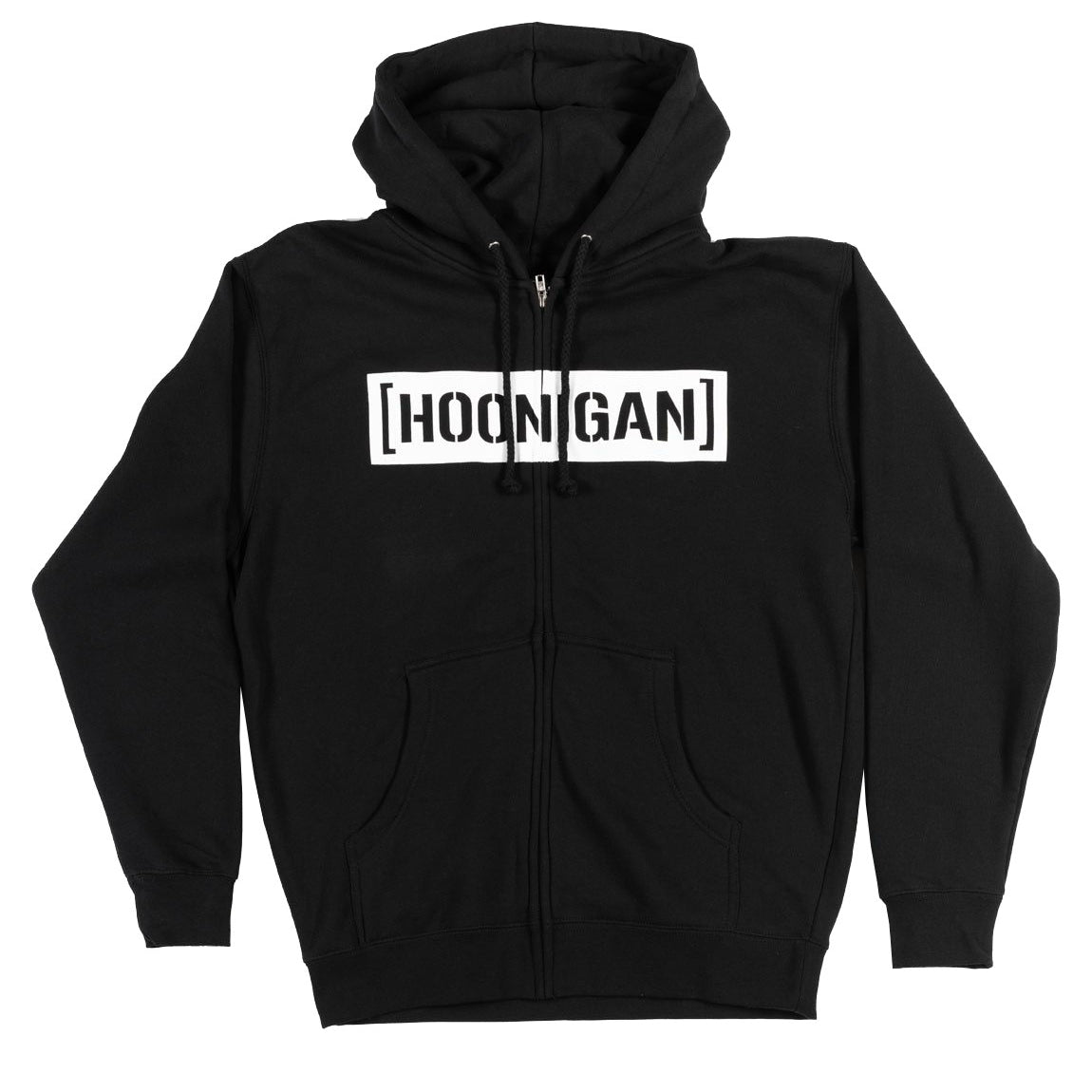 Hoonigan CENSOR BAR Zip Hoodie in black and white, featuring a bold graphic design on the chest, front zipper, and drawstring hood.