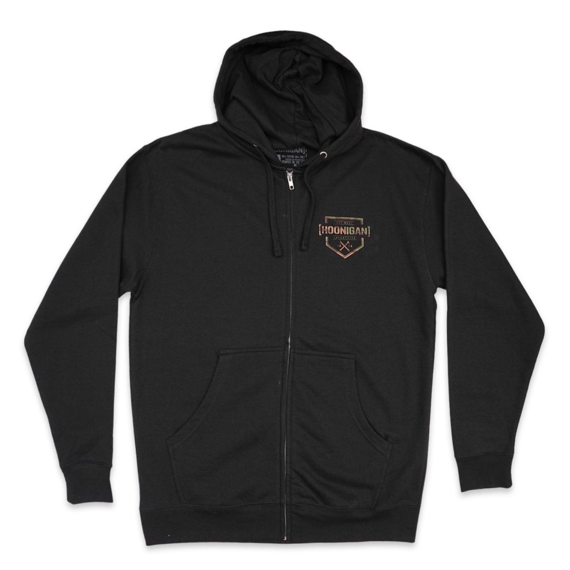 Hoonigan Covert Camo Bracket X Logo Zip Hoodie featuring a camo pattern and logo design.