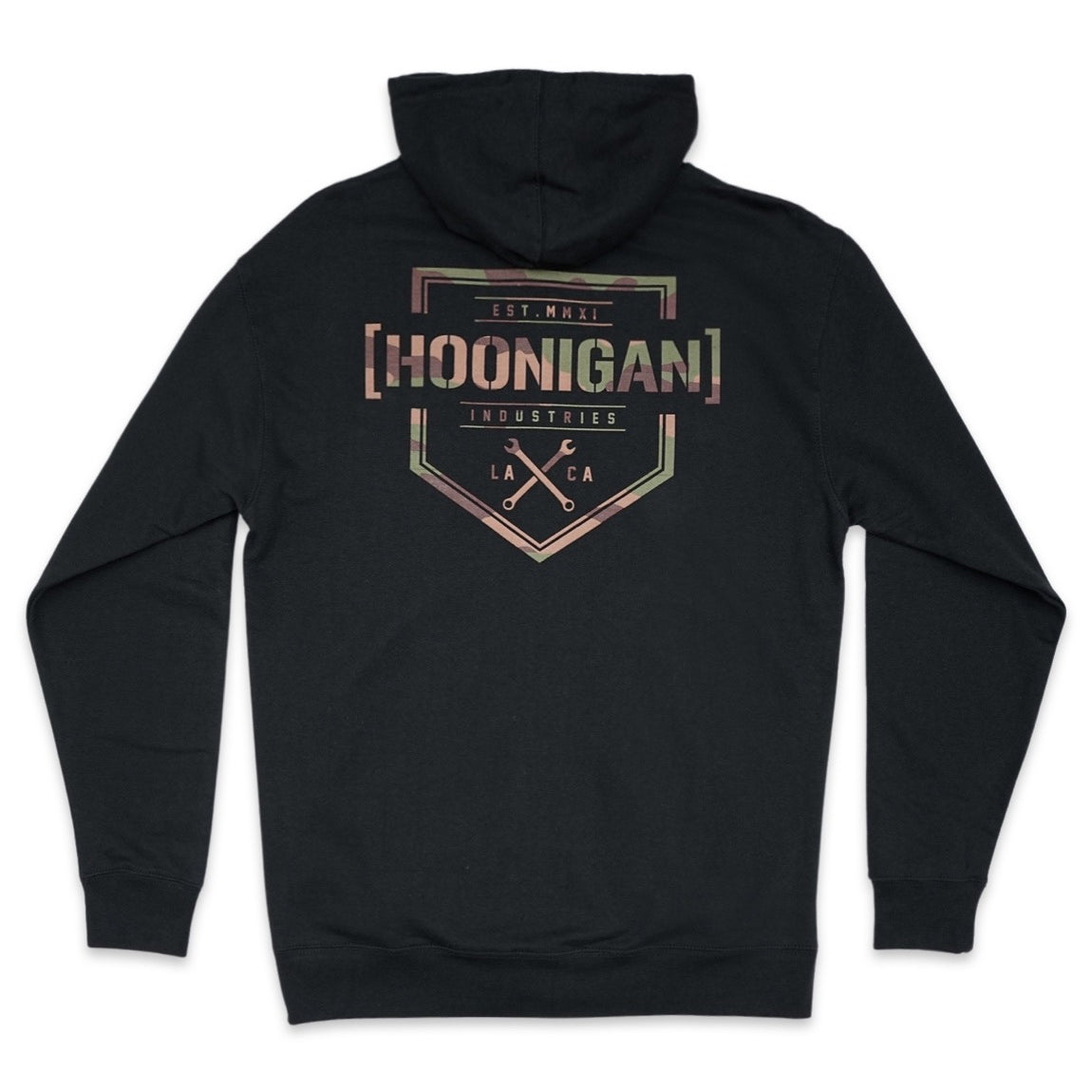Hoonigan Covert Camo Bracket X Logo Zip Hoodie featuring a camo print and zip closure, displayed against a neutral background.