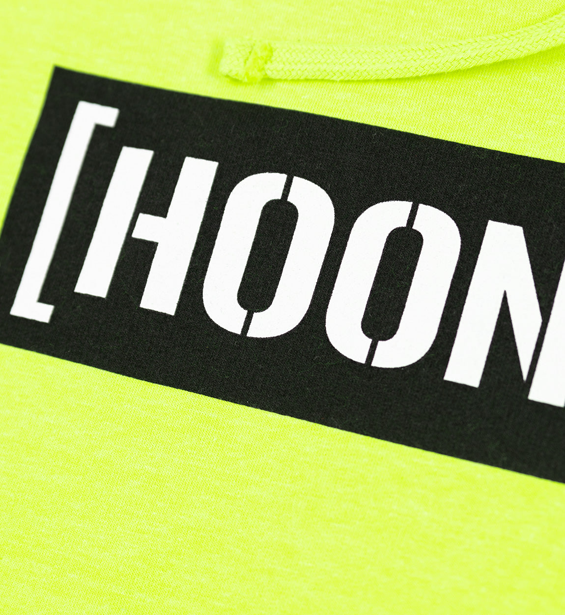 Hoonigan CENSOR BAR pullover hoodie in yellow with white logo on front, featuring a classic hood and kangaroo pocket.